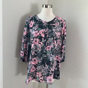 Nydj Womens Plus 1X Floral Blouse 3/4 Sleeve Pink Gray Pleated Back Shirt Top